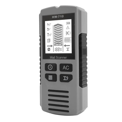 WALFRONT Wall Scanner Stud Finder with LCD Display, Detects Metal Wood, gray handheld device with buttons and screen.