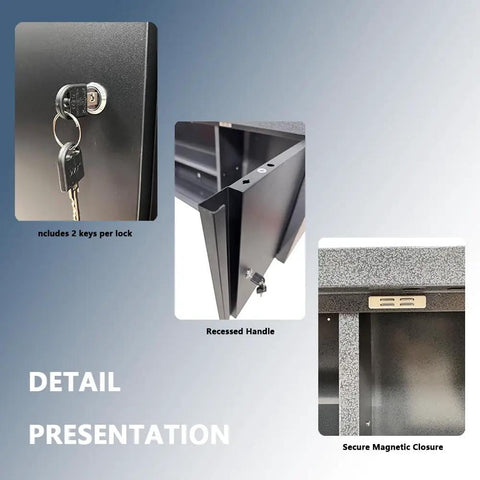 Close-up of lock, handle, and magnetic closure on Heavy Duty Built Tough Steel Wall Cabinet for Garage and Workshop Tool Storage.