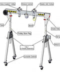 Portable 4 Wheel Mobile Gantry Overhead Crane With Heavy Duty Compact Frame Built For Tight Garages Smooth Riding Casters labeled parts diagram.