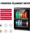 Auto 3D Printer Filament Dry Storage Cabinet With Smart Humidity Control Holds 10 To 21 Spools in a sealed glass display.