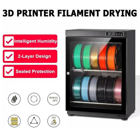 Auto 3D Printer Filament Dry Storage Cabinet With Smart Humidity Control Holds 10 To 21 Spools in a sealed glass display.