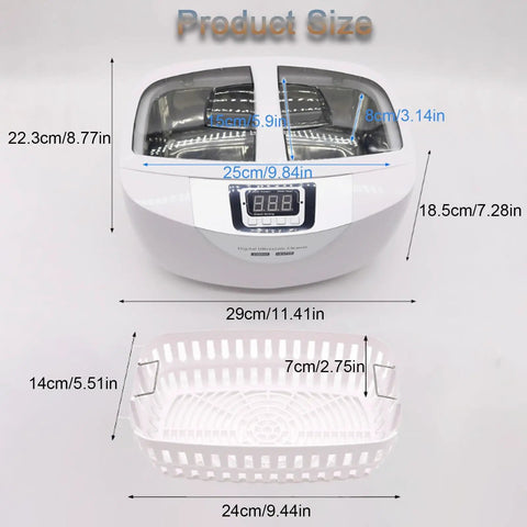 Pro Grade Digital Ultrasonic Cleaner With Heater 2.5L Large Capacity And 5 Timer Settings For Jewelry Glassware And Instruments, 70W Transducer Delivers Gentle Yet Deep Cleaning Without Harsh Scrubbing shown with dimensions and basket, front view.