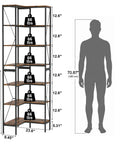L Shaped Industrial Corner Bookshelf With Six Tier Storage For Living Room And Office, height comparison with human silhouette
