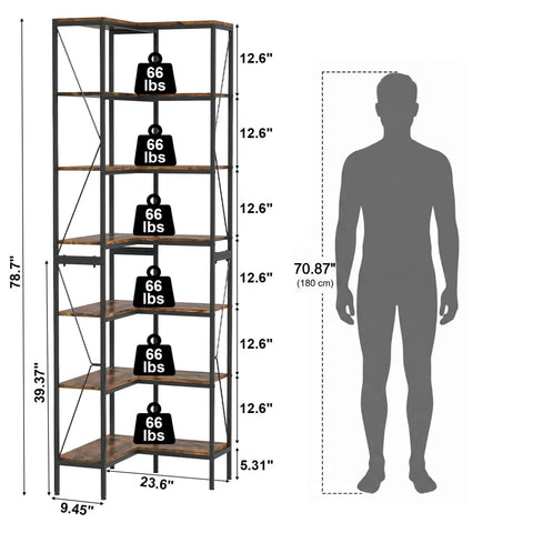 L Shaped Industrial Corner Bookshelf With Six Tier Storage For Living Room And Office, height comparison with human silhouette