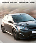 Black sports car compatible with Ford, Chevrolet, GMC, Dodge driving on road
