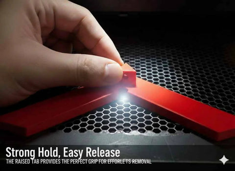 Hand using Five-Magnet Laser Honeycomb Bed Alignment Tool With Easy Lift Tab Rock-Solid Neodymium Magnetic Grip For Precise Cut And Engrave
