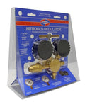 Front view of Uniweld nitrogen regulator in clear display packaging with dual gauges and brass body