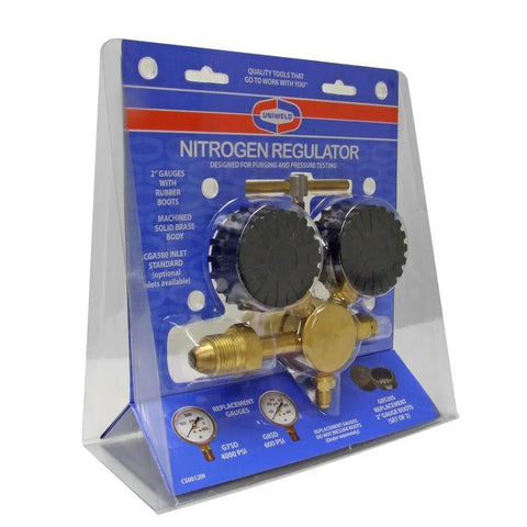 Front view of Uniweld nitrogen regulator in clear display packaging with dual gauges and brass body