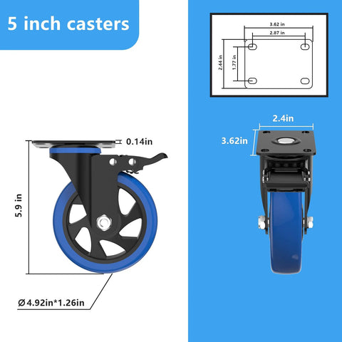 Four 5-inch caster wheels with brakes; blue wheels, black frames, top-plate mount, shown in side and front views.
