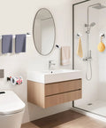 Bathroom with Five Piece Bathroom Hardware Set With Polished Stainless Steel Towel Bar And Rail, 23.4 Inch Towel Rail, tissue holder, and towel hooks.