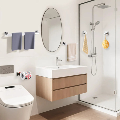 Bathroom with Five Piece Bathroom Hardware Set With Polished Stainless Steel Towel Bar And Rail, 23.4 Inch Towel Rail, tissue holder, and towel hooks.