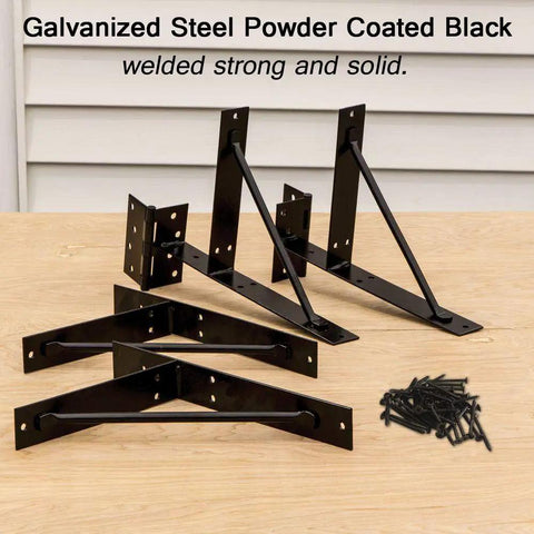 Heavy Duty Corner Brace Gate Bracket No Sag Kit for Shed Doors Driveway Gates Corral Gates and Wood Windows Two Sets Galvanized Steel Black Powder Coat Salt Spray Tested displayed on wooden surface with screws