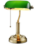Green Glass Bankers Desk Lamp With Brass Base, Vintage Banker Style Library Light, Pull Chain Switch, E26 Compatibility, Classic Office Study Room Lamp For Cozy Task Lighting, Retro Vibe Charm