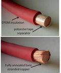 Close-up of 2 AWG Welding Battery Cable Wire Set 20 Ft Black And 20 Ft Red Pure Copper Flexible Cable insulation and copper strands.
