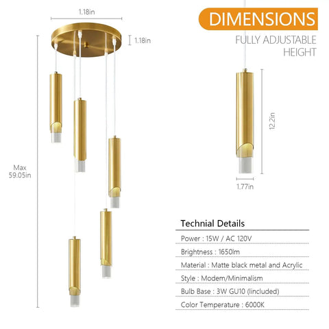 Dimensional view of Gold Modern Mini Pendant Lights 3 Pack for Kitchen Island and Bedroom Industrial Ceiling Fixtures