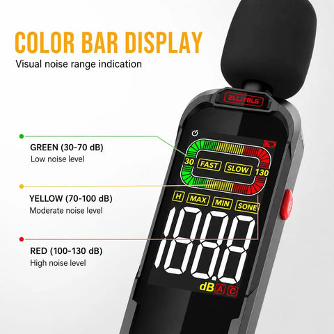 Digital Sound Level Meter With 30 To 130 dB Range A And C Weighting Fast Or Slow Response Max Min Data Hold Color Backlit Display Ideal Noise Meter For Home Office Shop Floor And Neighbor Noise Checks with color bar display