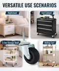 Smooth Rolling M6 Threaded Stem Caster Wheels 2 Inch TPR Rubber Swivel, shown on multiple furniture uses including nightstand.