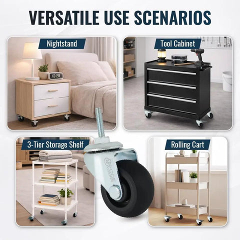 Smooth Rolling M6 Threaded Stem Caster Wheels 2 Inch TPR Rubber Swivel, shown on multiple furniture uses including nightstand.