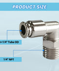 Pneumatic elbow fitting, 304 stainless steel, 1/4 in NPT to 1/4 in tube OD, push-to-connect, angled view