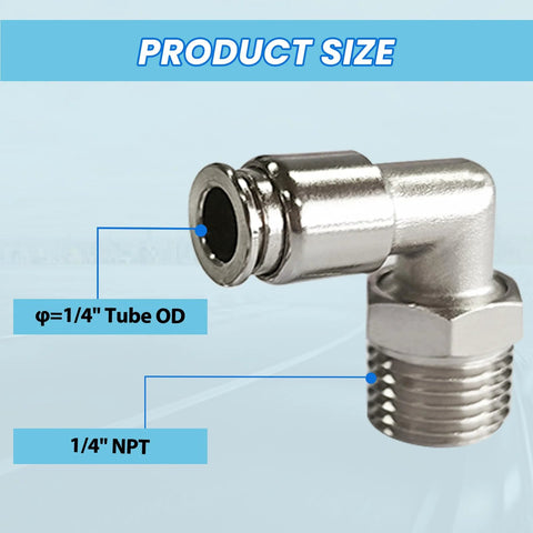 Pneumatic elbow fitting, 304 stainless steel, 1/4 in NPT to 1/4 in tube OD, push-to-connect, angled view
