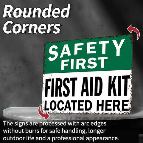 12 By 8 Inch Aluminum Safety First First Aid Kit Located Here Metal Sign With Rounded Corners