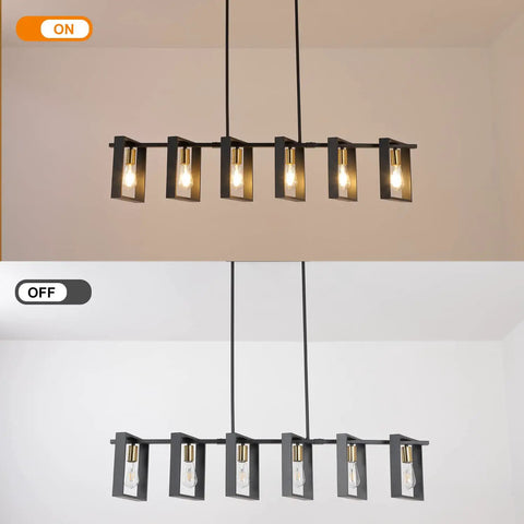 Six Light Modern Farmhouse Kitchen Island Pendant Light With Black Metal Frames And Wood Accents Big 50 Inch Chandelier in on and off states.