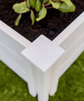 Corner view of White Vinyl Raised Garden Bed 4 Ft By 4 Ft By 11 In Deep, Modular PVC Construction, BPA And Phthalate Free
