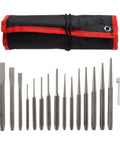 16 Piece Punch And Chisel Set For Woodworking Metalworking And Auto DIY Projects with carry case, arranged front view