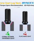 Illustration showing cone seat and flat seat for 24 Piece Black Spline Lug Nut Set For Chevy Silverado 1500 GMC Sierra Ford F150 2015 To 2024 M14x1.5 60 Degree Seat Includes Socket Key For Most Aftermarket Wheels