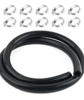 Coiled black 5 ft long 5/8 in ID rubber heater hose with 10 hose clamps; automotive coolant hose