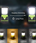 1000 Lumen Battery Powered LED Camping Lantern With Four Light Modes in dimming and various light settings display.