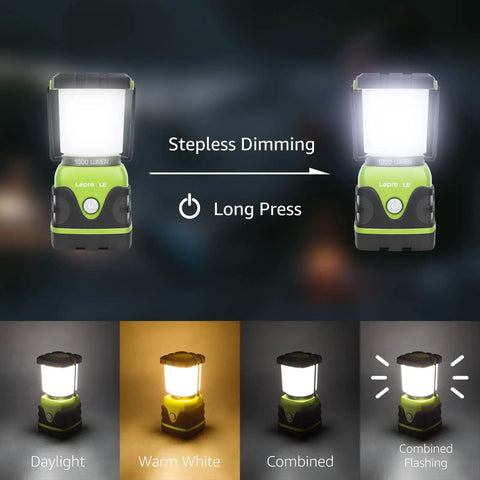 1000 Lumen Battery Powered LED Camping Lantern With Four Light Modes in dimming and various light settings display.