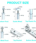 Bi Fold And Sliding Closet Door Repair Kit parts with dimensions for bottom pivot, guide wheel, top pivots, and brackets.