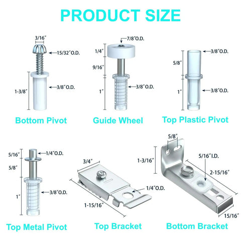 Bi Fold And Sliding Closet Door Repair Kit parts with dimensions for bottom pivot, guide wheel, top pivots, and brackets.