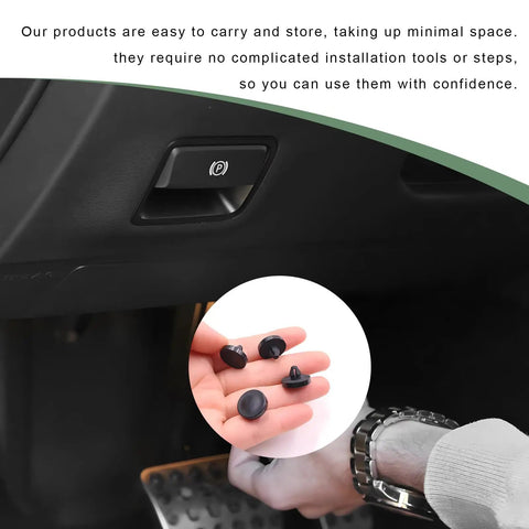Rock Hard 4 Pack Brake Switch Stopper And Clutch Pedal Pads in hand, showcasing easy installation for auto light safety buffer.
