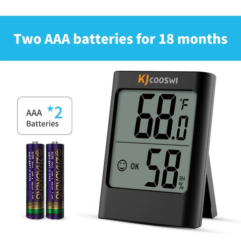 Two Pack Indoor Digital Humidity Gauge And Thermometer For Home Use Handy Hygrometer With Temperature Monitor Reliable 10 To 99 Percent Humidity And -4 To 158 Fahrenheit Battery Powered AAA Black And White showing temperature and humidity readings with AAA batteries displayed.