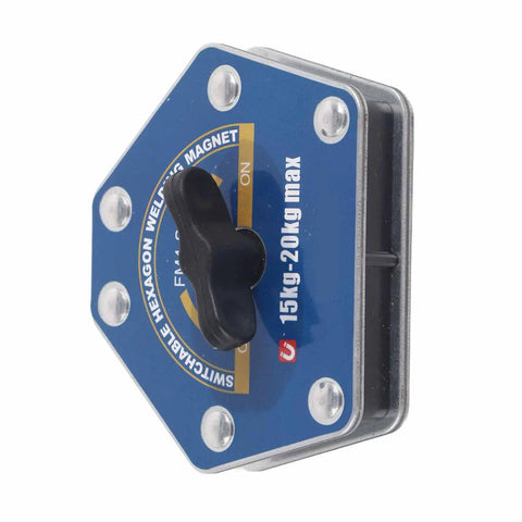 Solid One Button Degaussing Magnetic Welding Locator For Steel And Iron Pipe With 25 Kilos Suction Power Super Strong Multi Angle Positioning Fixture Tool For Heavy Duty Welding Projects showing hexagonal magnetic design