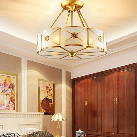 Brass Flower Semi Flush Ceiling Light With 4 Lights, Dope Contemporary Glass LED Ceiling Lamp, 18 Inch in bedroom setting