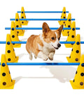 Dog Agility Training Kit With 12 Cone Hurdles And Adjustable Jump Bars, Corgi jumping over blue bars between yellow cones