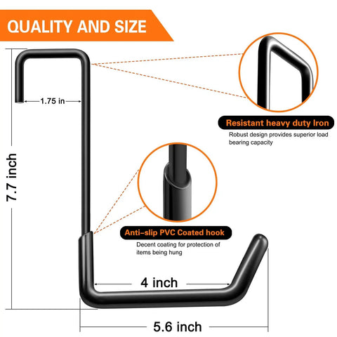 Heavy Duty Rafter Hook Set With Non Slip Coating Six Pack For Garage Organization, close-up showing size and PVC coating