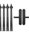 Heavy Duty Steel Garage Door Handle Hinges Featuring Smooth As Butter Damping Zero Rebound Action Tight Fit For Cabinets Or Doors Hardcore Tough 6 Piece Decorative Hardware Kit, black finish, four long straps and two handles.