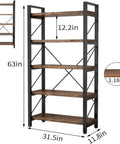 5 Tier Rustic Solid Wood Bookshelf With Industrial Metal Frame, vintage brown 63x31.5x11.8 inches, real wood 1.18 inch thick panels