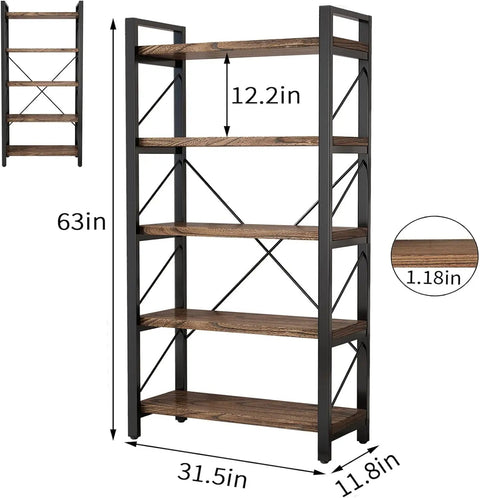 5 Tier Rustic Solid Wood Bookshelf With Industrial Metal Frame, vintage brown 63x31.5x11.8 inches, real wood 1.18 inch thick panels