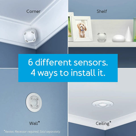 Installation options for 6 In 1 Z-Wave Plus Smart Sensor Gen7 with motion, light, temperature, humidity in corner, shelf, wall, ceiling.