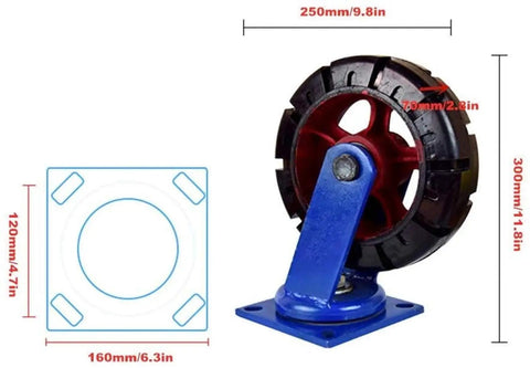 Heavy Duty Swivel Caster Wheels With Rock Solid 2400 Lb Capacity And Industrial Grade Rubber Tires for smooth rolling, shown from the side.
