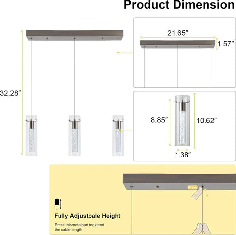 Pendant Lights For Kitchen Island With Remote Control, detailed dimensions, brushed nickel finish with clear cylinder, height adjustable.