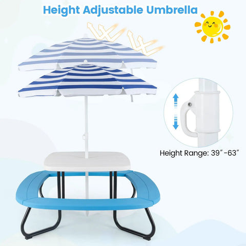 8 Seat Kids Picnic Table Set With Foldable Umbrella For Outdoor Backyard Fun Built In Benches For Up To 8 Toddler Friendly Patio Or Garden Furniture Blue
