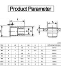 Product parameter diagram for Solid Flat Head Threaded Insert Nut With Knurled Body, sizes M3 to M12, rivet thickness metrics.