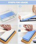 Two Sided 1000 And 6000 Grit Whetstone Knife Sharpener Kit with instructions for use and non-slip bamboo base setup.