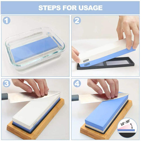 Two Sided 1000 And 6000 Grit Whetstone Knife Sharpener Kit with instructions for use and non-slip bamboo base setup.